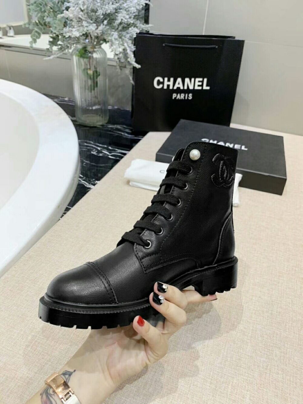 CHANEL BLACK LEATHER COMBAT BOOTS WITH PEARL DETAILING ON TOP - Image 4