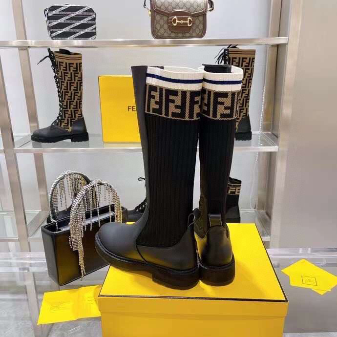 FENDI ROCKOKO LEATHER ANKLE LONG BOOTS WITH BEIGE STRETCH FABRIC BLACK - Image 3