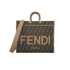 FENDI SUNSHINE MEDIUM LIGHT BROWN FF JACQUARD FABRIC SHOPPER 35CM