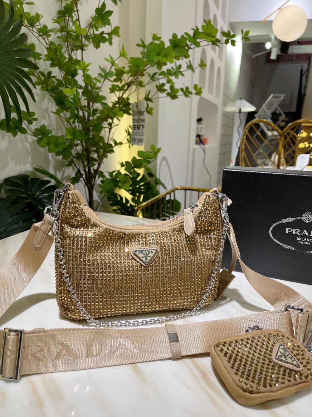 PRADA RE-EDITION 2005 SATIN BAG WITH CRYSTALS PLATINUM 1BH2042AWLF0522VV9L - Image 2