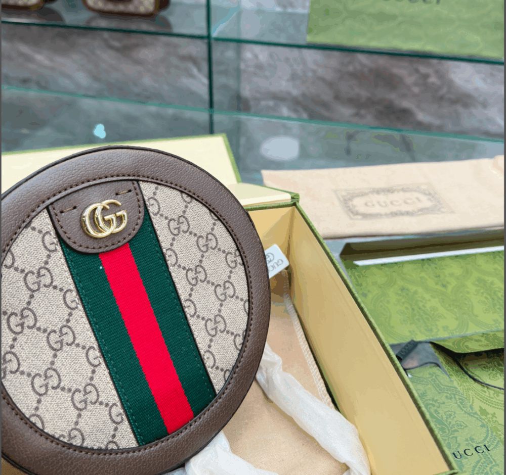 GUCCI OPHIDIA MINI GG ROUND BAG BEIGE AND BROWN 20CM - Image 2