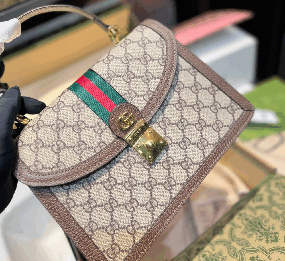 GUCCI OPHIDIA MEDIUM TOP HANDLE BAG GG SUPREME BEIGE AND EBONY 25CM 651055 96IWX 8745 - Image 4