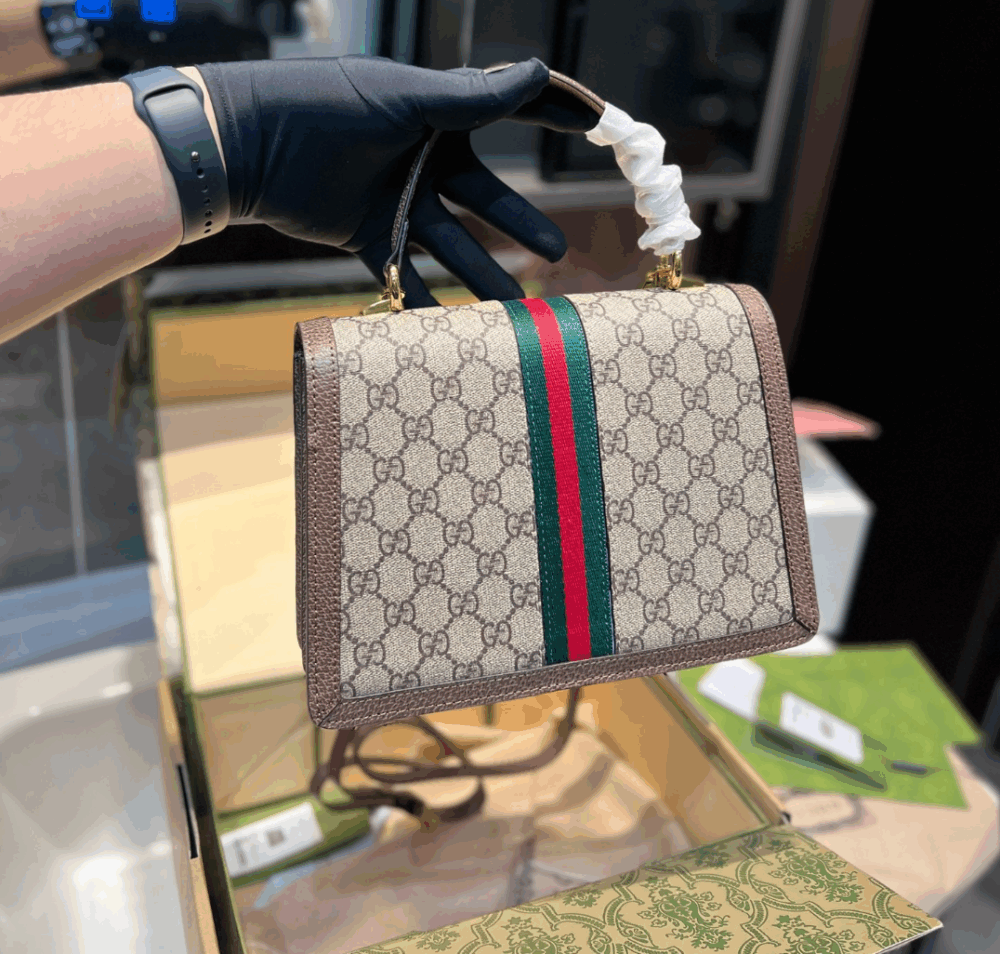 GUCCI OPHIDIA MEDIUM TOP HANDLE BAG GG SUPREME BEIGE AND EBONY 25CM 651055 96IWX 8745 - Image 3
