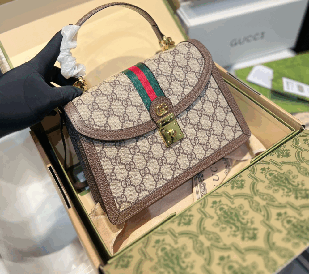 GUCCI OPHIDIA MEDIUM TOP HANDLE BAG GG SUPREME BEIGE AND EBONY 25CM 651055 96IWX 8745 - Image 2