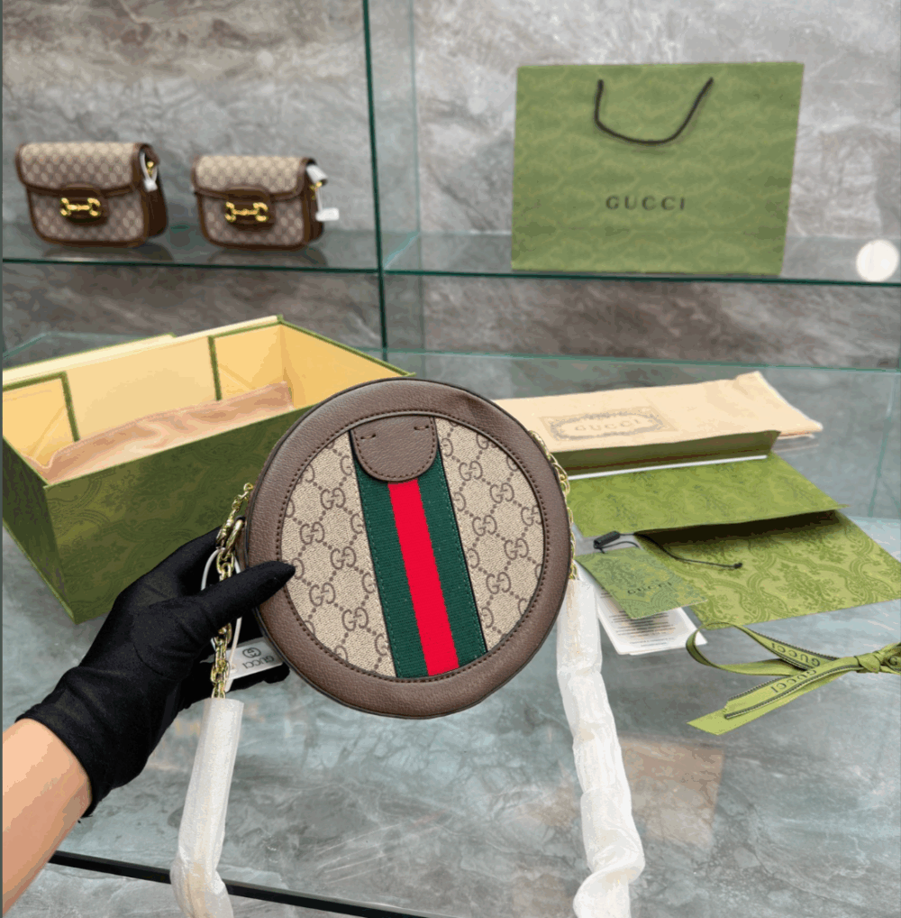 GUCCI OPHIDIA MINI GG ROUND BAG BEIGE AND BROWN 20CM - Image 6