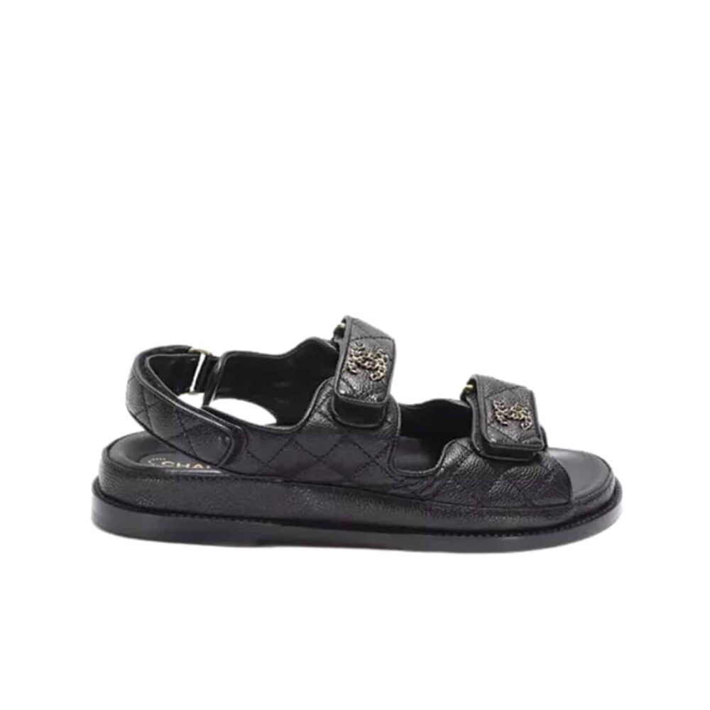 CHANEL CC BUTTON VELCRO BLACK SANDALS GRAINED LEATHER