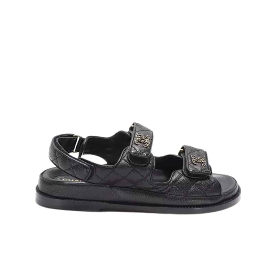 CHANEL CC BUTTON VELCRO BLACK SANDALS GRAINED LEATHER
