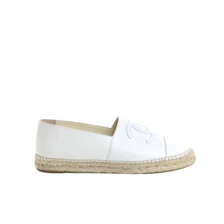 CHANEL EMBROIDERED ESPADRILLE LEATHER CAP TOE FLATS WHITE