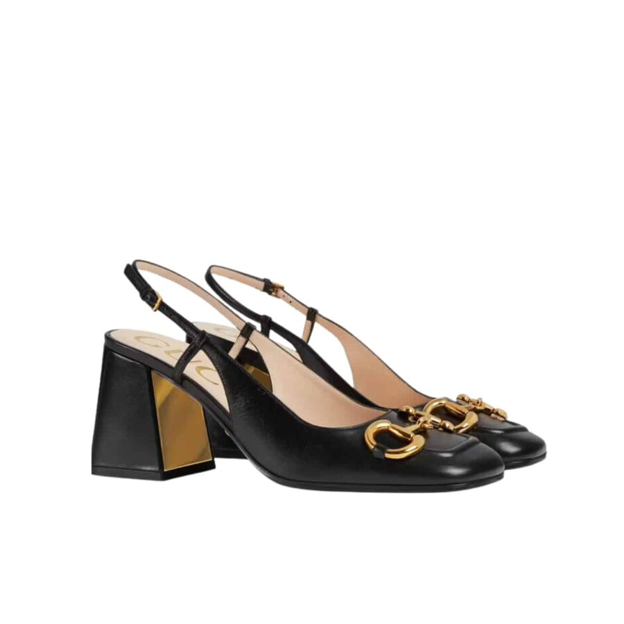 GUCCI WOMEN'S MID HEEL SLINGBACK WITH HORSEBIT BLACK ‎643892 C9D00 1000