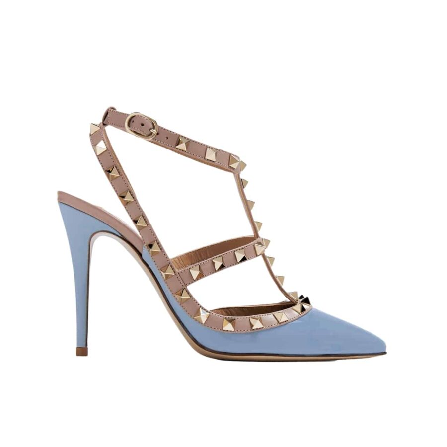 VALENTINO PATENT ROCKSTUD CAGED PUMP 100MM BLUE