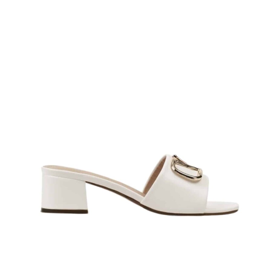 VALENTINO VLOGO SIGNATURE SQUARE TOE MIDDLE HEEL WHITE SLIDE SANDAL