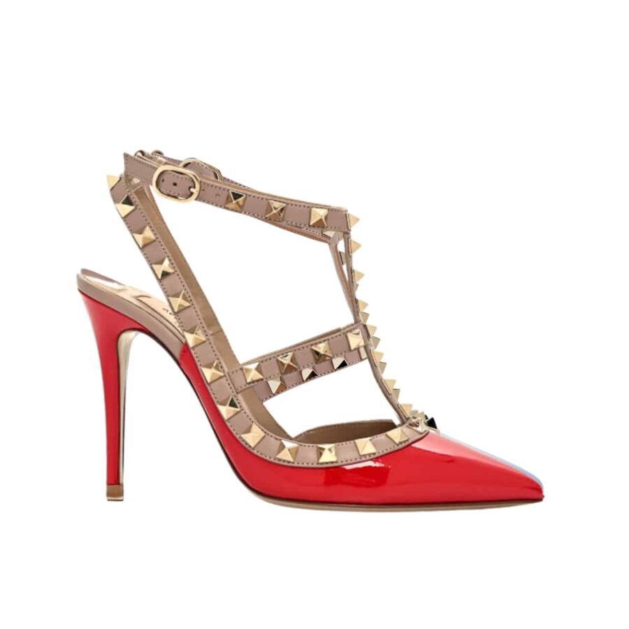 VALENTINO PATENT ROCKSTUD CAGED PUMP 100MM RED