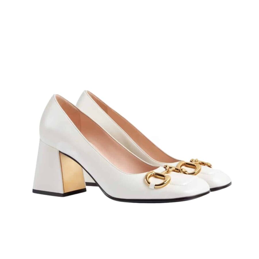 GUCCI WOMEN’S MID HEEL PUMP WITH HORSEBIT WHITE LEATHER 643886 C9D00 9022