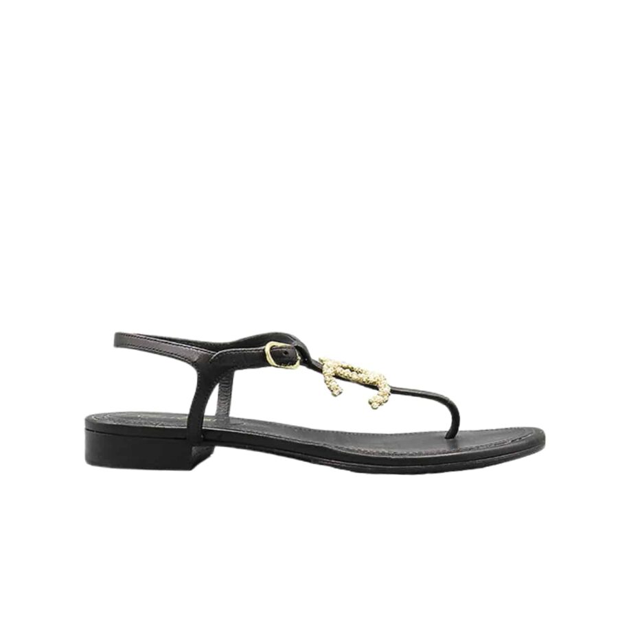 CHANEL GOLD PEARL CC LOGO THONG SANDALS BLACK