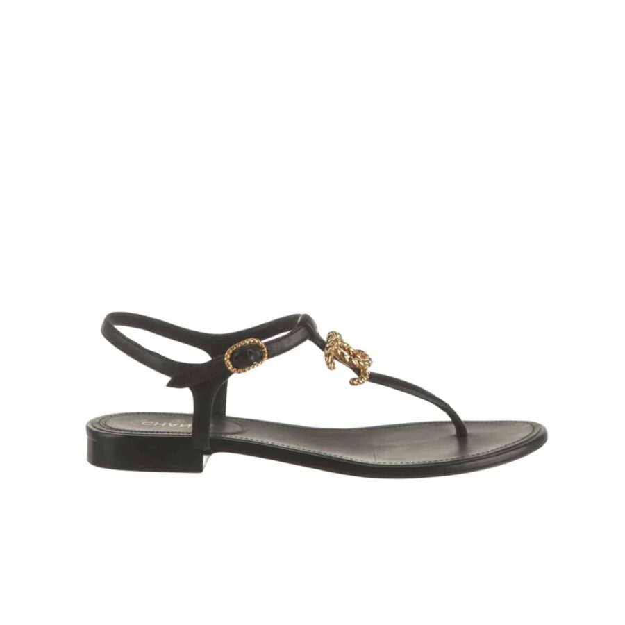 CHANEL GOLD CC LOGO THONG SANDALS BLACK