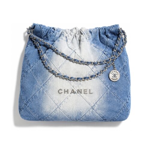 Chanel 22 Handbag Washed Denim Silver Tone Metal Blue 41Cm AS3261 B10439 NM981