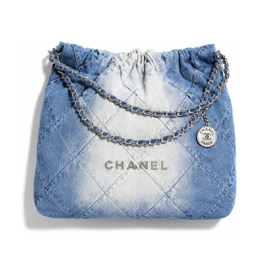 Chanel 22 Handbag Washed Denim Silver Tone Metal Blue 41Cm AS3261 B10439 NM981