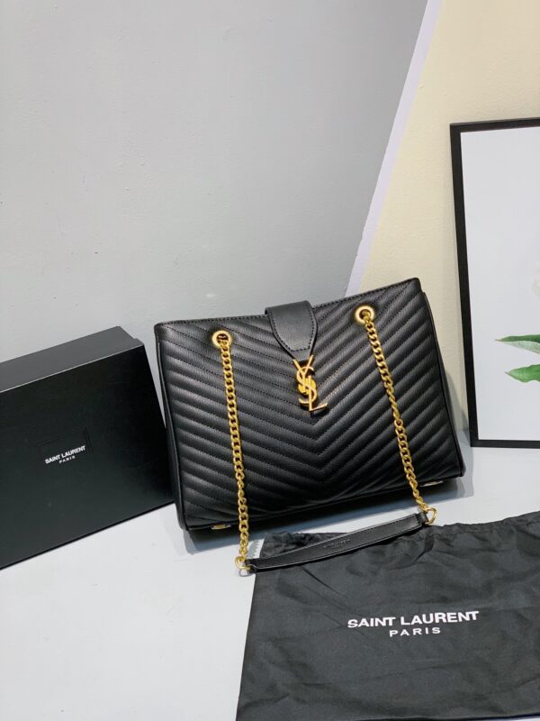 SAINT LAURENT BLACK GRAIN DE POUDRE MATELASSE CHEVRON MONOGRAM SHOPPING BAG GOLD HARDWARE - Image 8