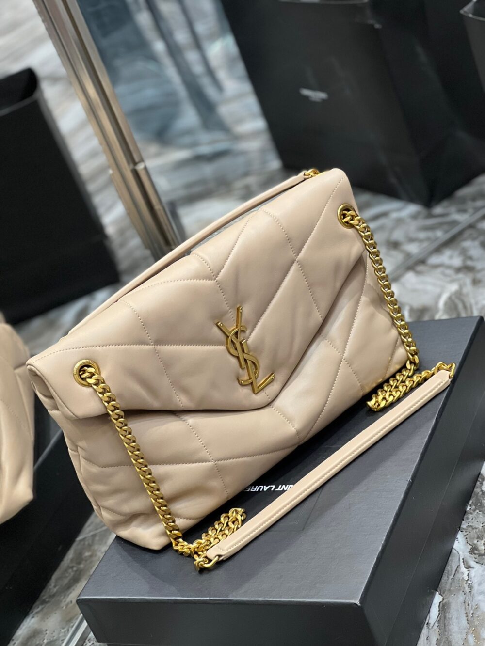 SAINT LAURENT PUFFER MEDIUM CHAIN BAG IN QUILTED BEIGE - Image 9