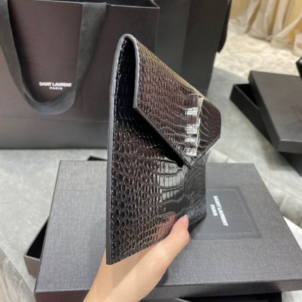 SAINT LAURENT UPTOWN POUCH IN CROCODILE EMBOSSED SHINY LEATHER SILVER BLACK 27CM 565739DND0N1000 - Image 8