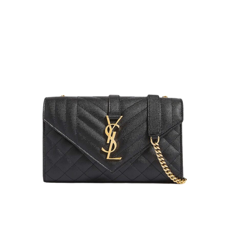 SAINT LAURENT ENVELOPE SMALL BAG IN MIX MATELASSÉ GRAIN DE POUDRE EMBOSSED BLACK GOLD 21CM 600195BOW911000