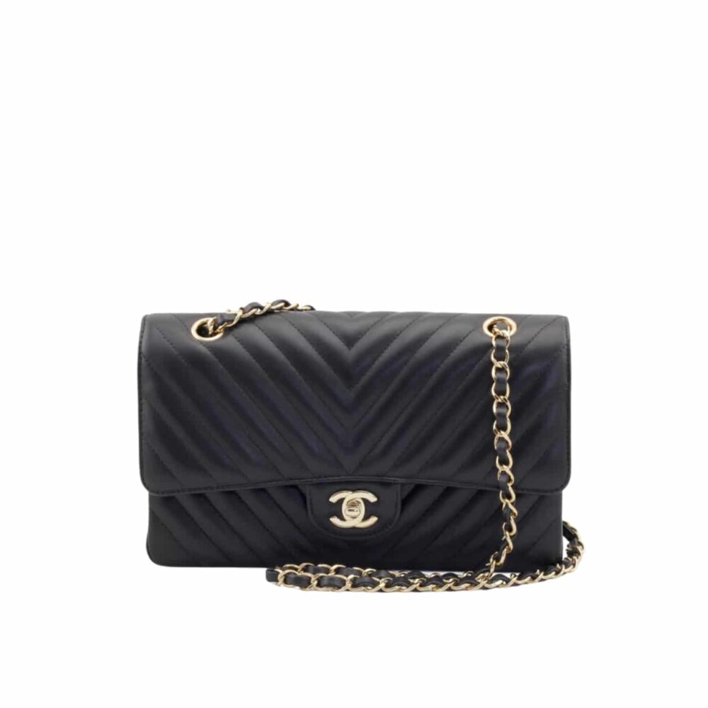 CHANEL BLACK CHEVRON MEDIUM FLAP BAG 25CM