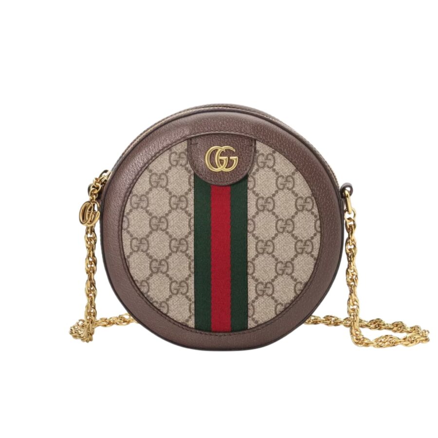 GUCCI OPHIDIA MINI GG ROUND BAG BEIGE AND BROWN 20CM