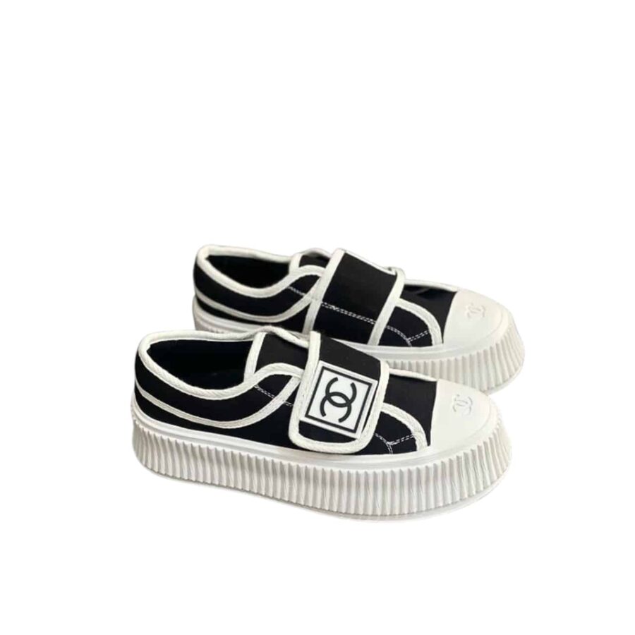 CHANEL WHITE CC CAP TOE SLIPON SNEAKER BLACK