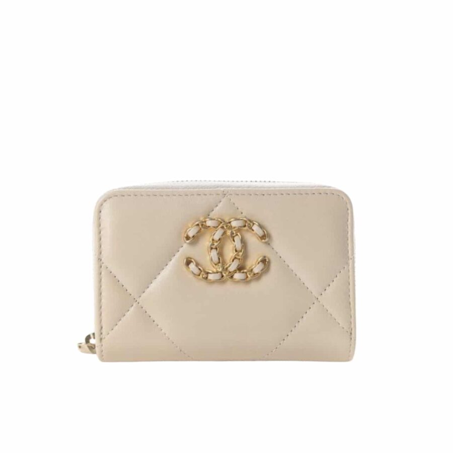 CHANEL 19 CARD HOLDER WITH ZIPPER LEATHER BEIGE WALLET