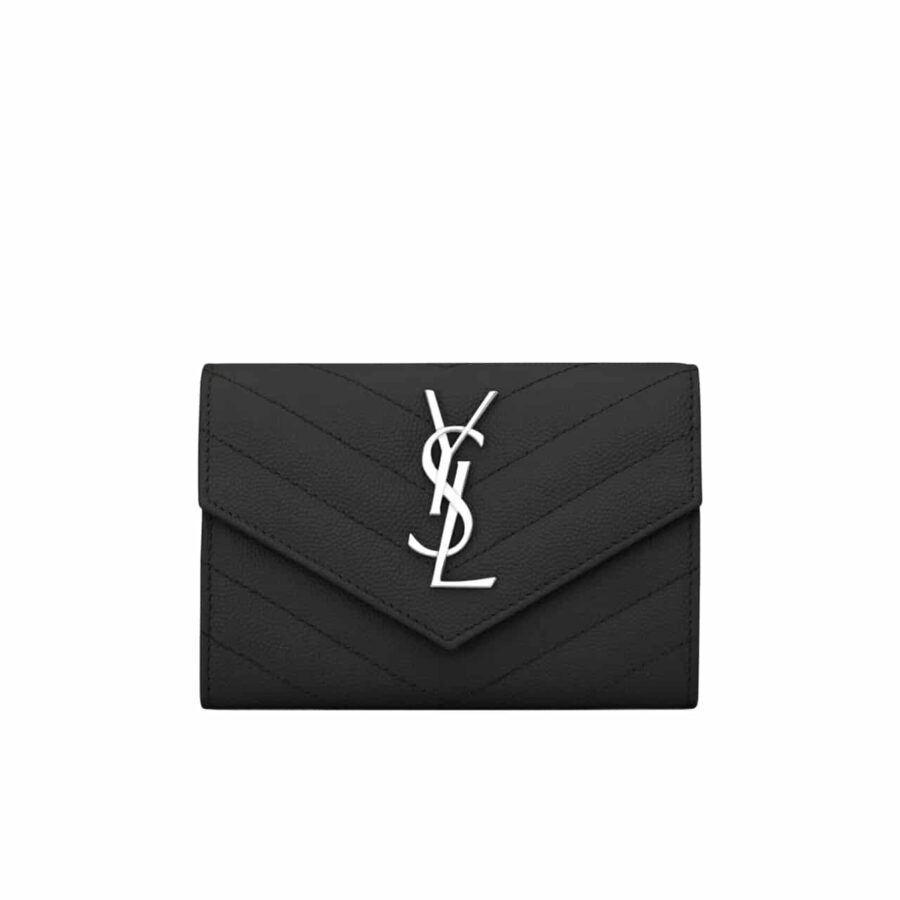 YSL MULTI-FOLDED WALLET IN GRAIN DE POUDRE EMBOSSED LEATHER BLACK 414404BOW021000