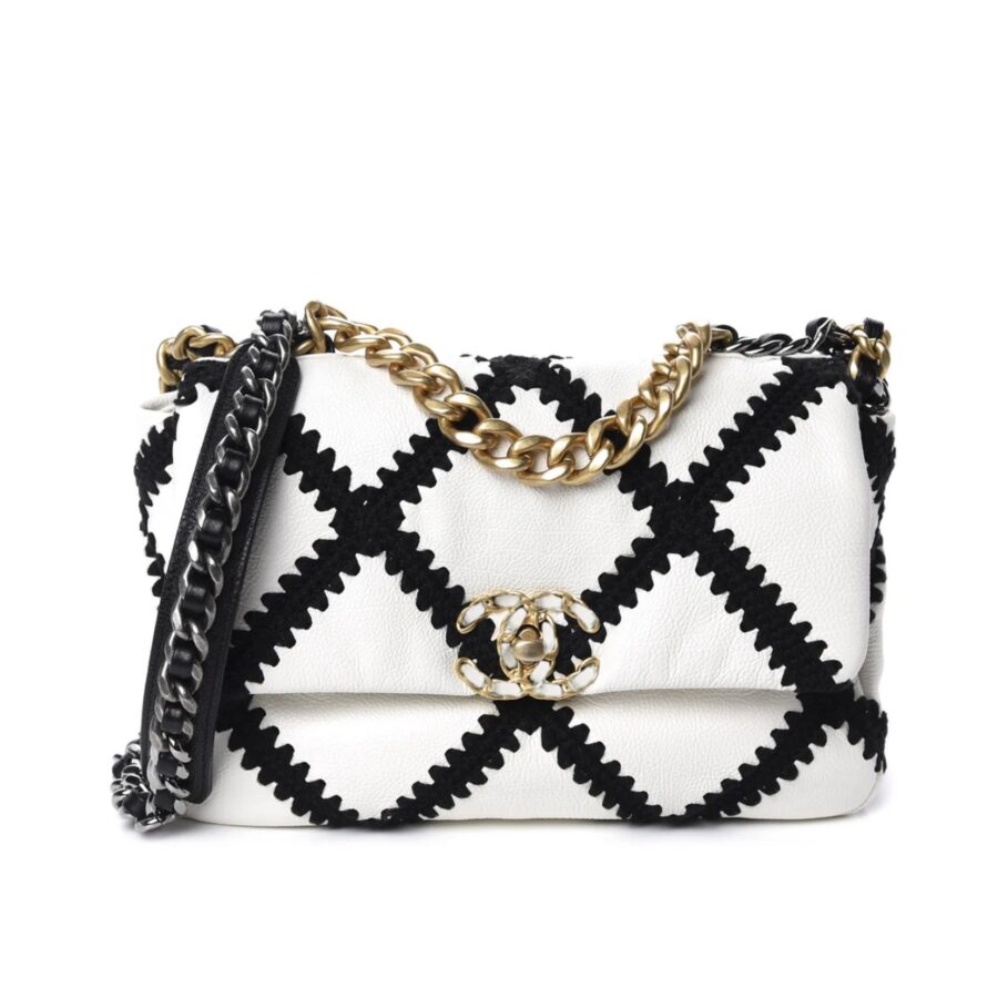 CHANEL 19 FLAP BAG CROCHET GOLD AND SILVER TONE WHITE BLACK 24CM AS1160 B04824 C0200