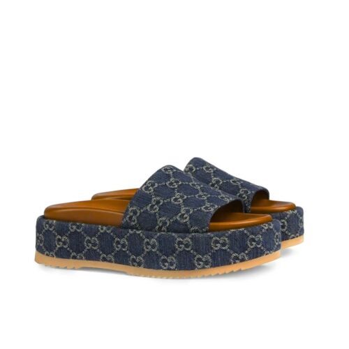 Gucci Women's Platform Slide Sandal GG Denim Blue ‎623212 2KQ00 4402