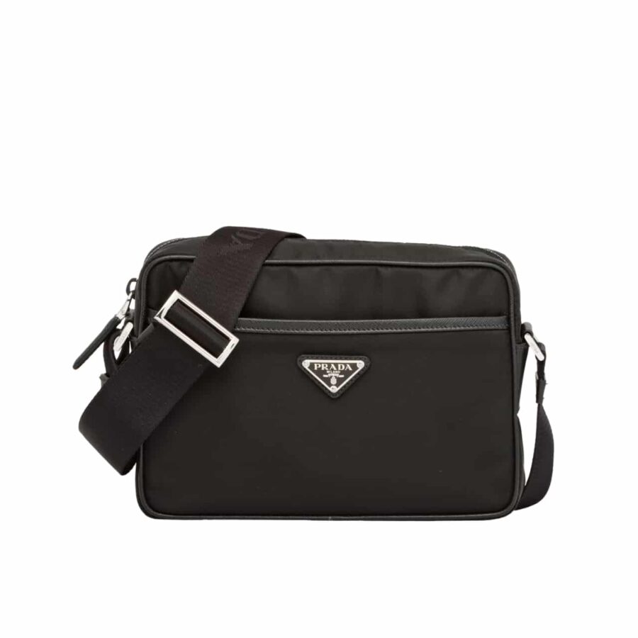 PRADA TRIANGLE LOGO RE NYLON AND SAFFIANO LEATHER BLACK 24CM 2VH048 2DMH F0002 V OOO