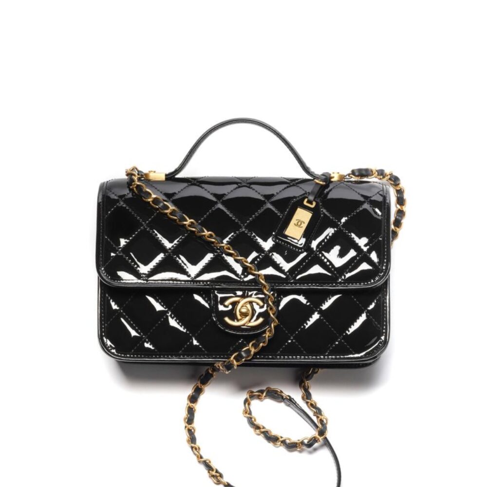 CHANEL TOP HANDLE MEDIUM FLAP LEATHER SHINY BLACK 25CM AS3653 B09576 94305