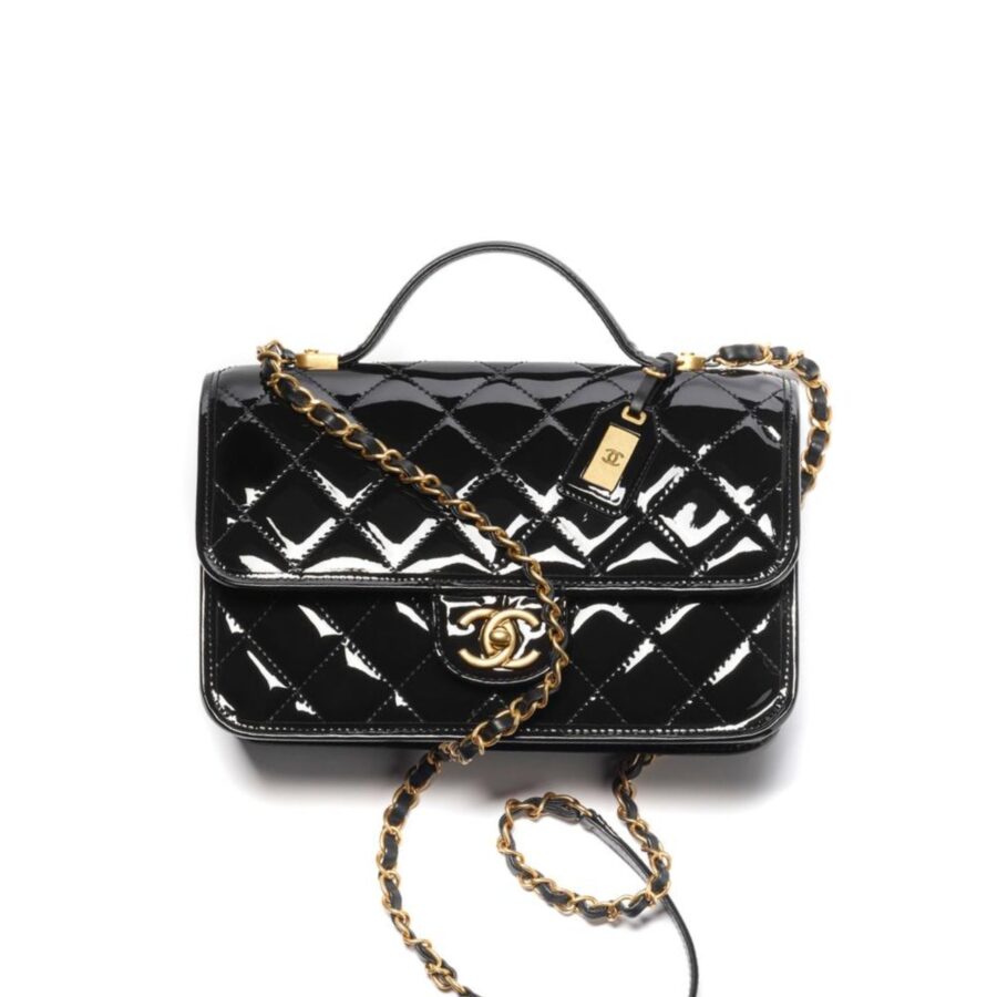 CHANEL TOP HANDLE MEDIUM FLAP LEATHER SHINY BLACK 25CM AS3653 B09576 94305