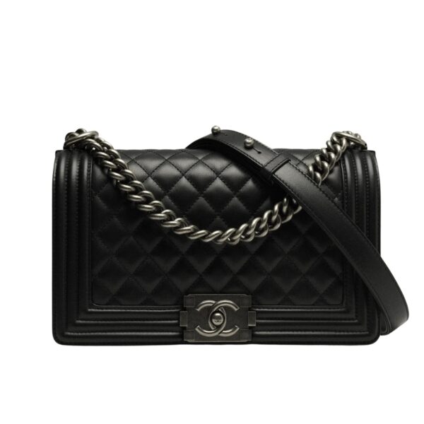 CHANEL BOY MEDIUM HANDBAG BLACK SLIVER HARDWARE 25CM A67086 Y09953 94305