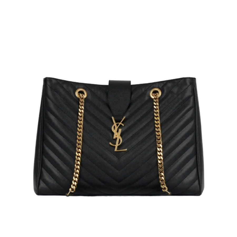 SAINT LAURENT BLACK GRAIN DE POUDRE MATELASSE CHEVRON MONOGRAM SHOPPING BAG GOLD HARDWARE