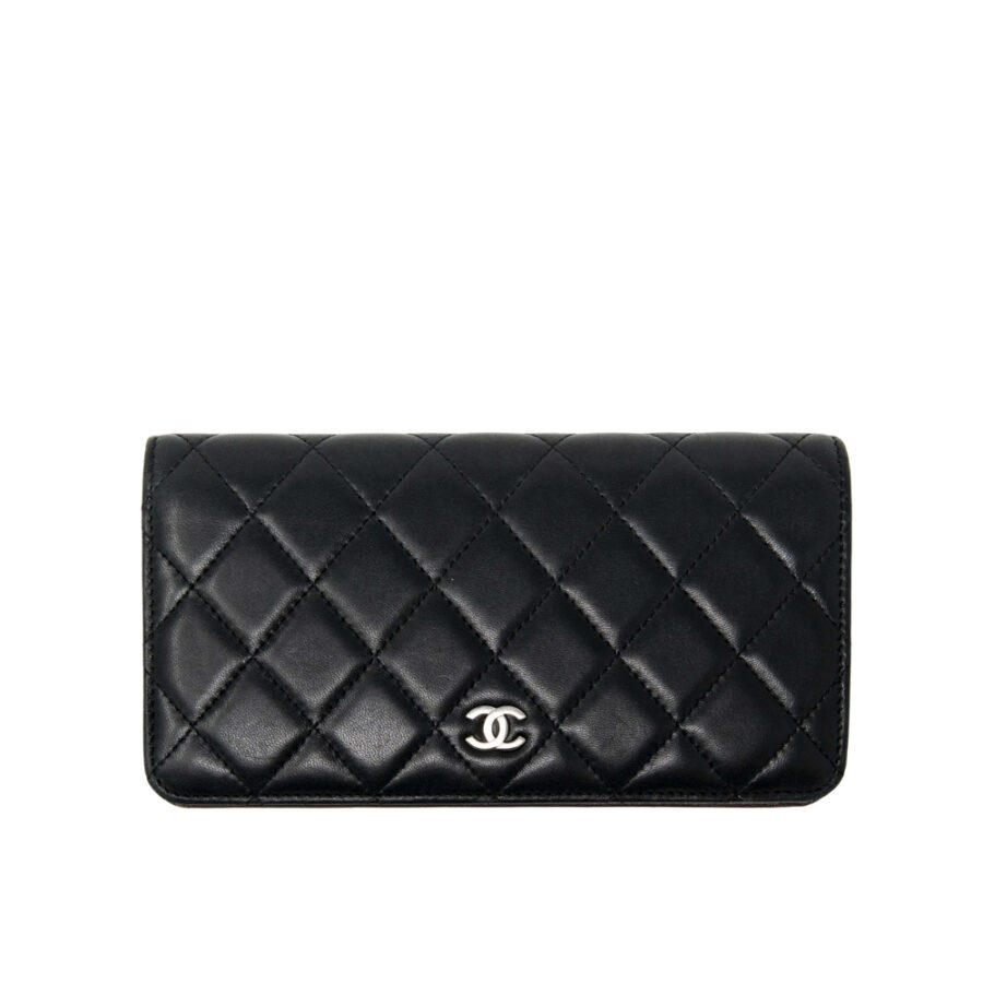 CHANEL QUILTED CLASSIC LONG FLAP WALLET WITH SILVER HARDWARE BLACK 19CM