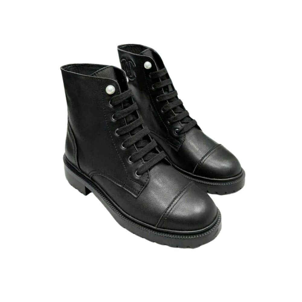 CHANEL BLACK LEATHER COMBAT BOOTS WITH PEARL DETAILING ON TOP