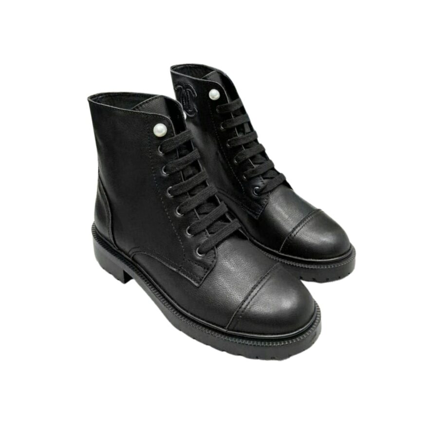 CHANEL BLACK LEATHER COMBAT BOOTS WITH PEARL DETAILING ON TOP