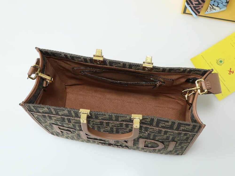 FENDI SUNSHINE MEDIUM LIGHT BROWN FF JACQUARD FABRIC SHOPPER 35CM - Image 5