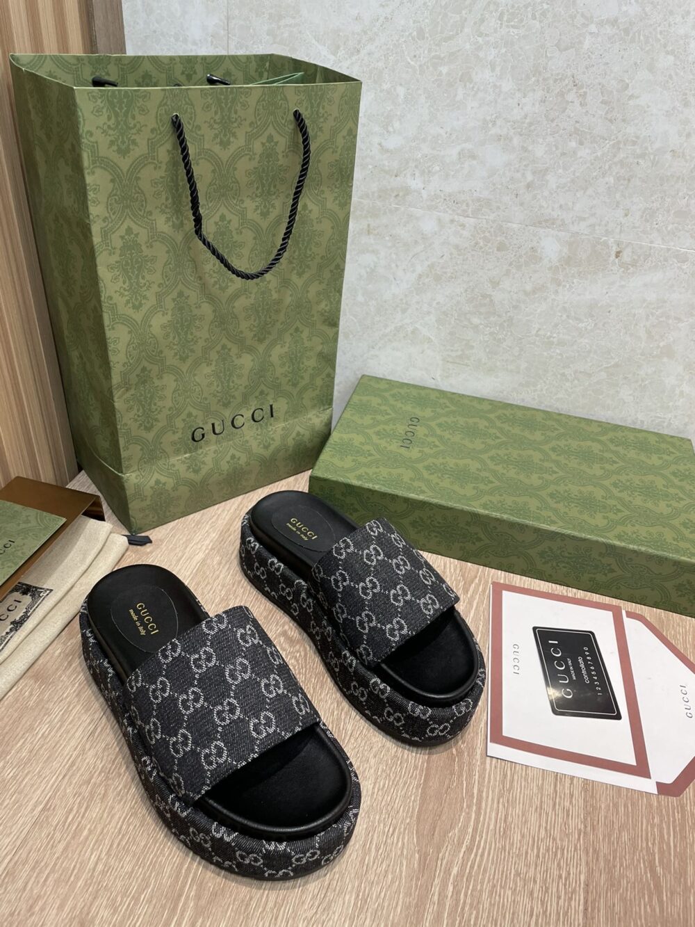 GUCCI WOMEN’S GG LAME PLATFORM SLIDE SANDAL BLACK 623212 UN300 1289 - Image 2