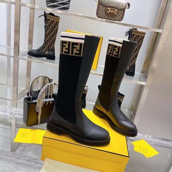 FENDI ROCKOKO LEATHER ANKLE LONG BOOTS WITH BEIGE STRETCH FABRIC BLACK - Image 4