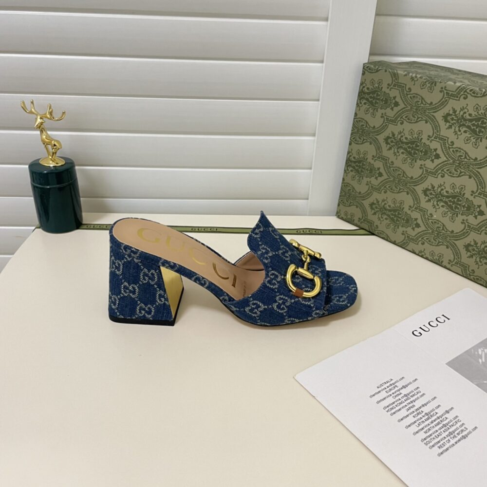 GUCCI WOMEN'S SLIDE MONOGRAM SANDAL WITH HORSEBIT BLUE - Image 5