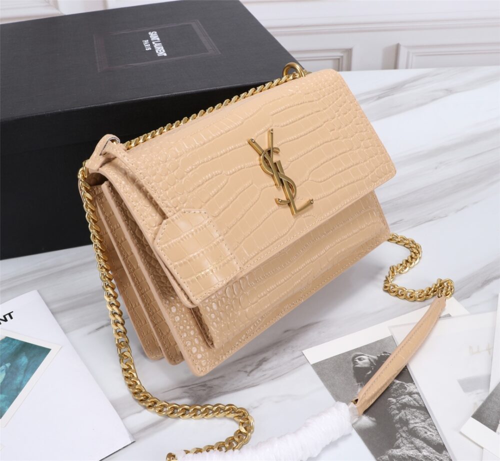 SAINT LAURENT SUNSET MEDIUM CHAIN BAG IN CROCODILE EMBOSSED SHINY APRICOT 22CM 442906DND0N9207 - Image 4