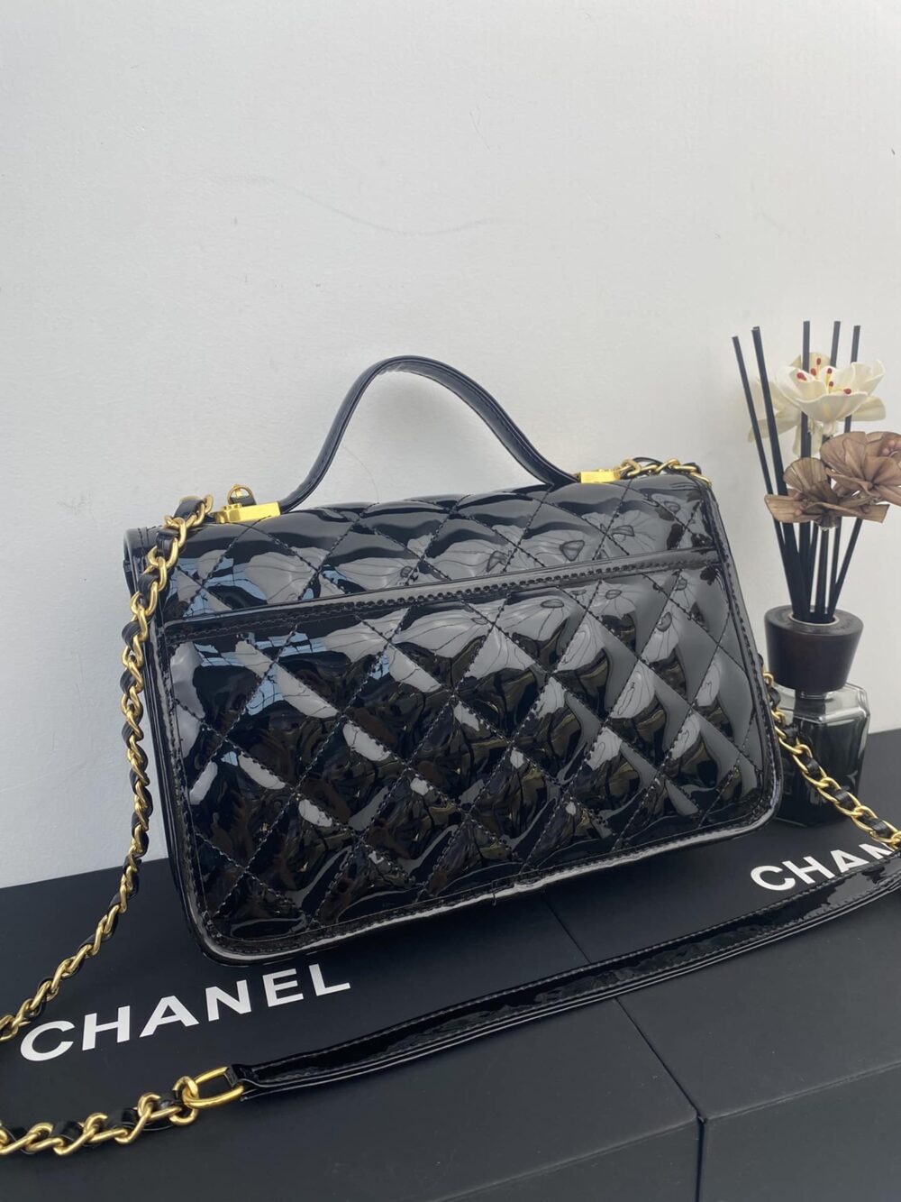 CHANEL TOP HANDLE MEDIUM FLAP LEATHER SHINY BLACK 25CM AS3653 B09576 94305 - Image 3