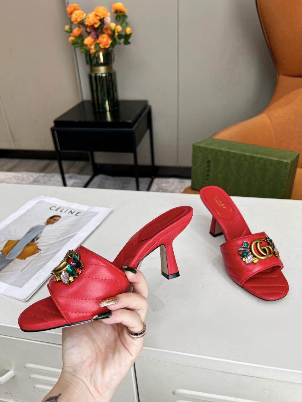 GUCCI WOMEN'S FLOWER DOUBLE G SLIDE SANDAL WINE RED - Image 6