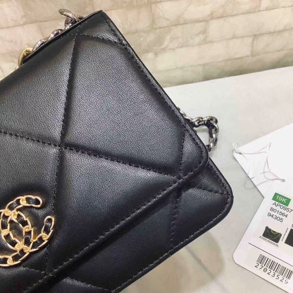 CHANEL 19 WALLET ON CHAIN BAG SHINY GOLD AND SILVER TONE BLACK 19CM AP3267 B04852 94305 - Image 8