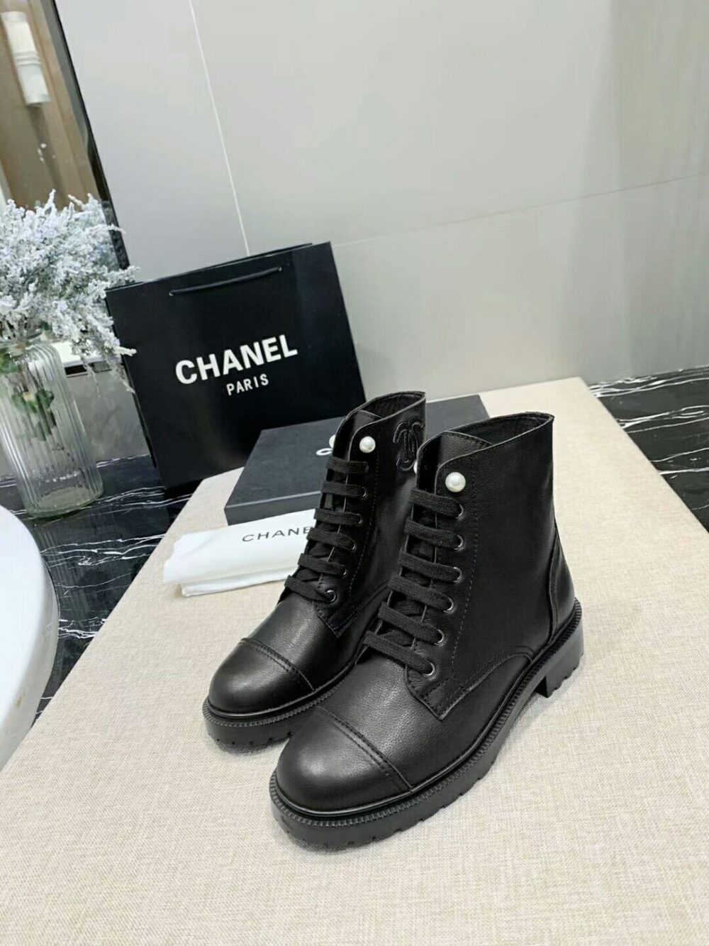 CHANEL BLACK LEATHER COMBAT BOOTS WITH PEARL DETAILING ON TOP - Image 3