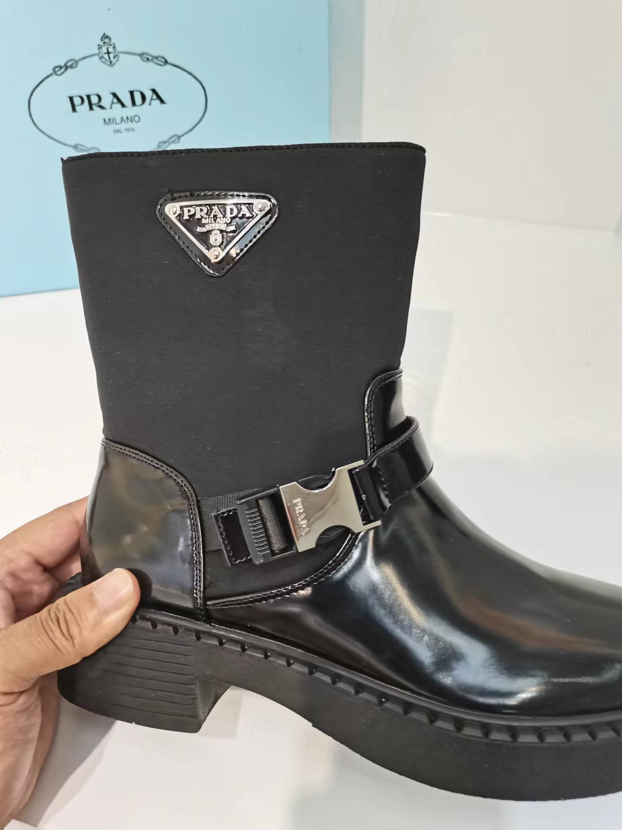 PRADA BRUSHED LEATHER AND RE-NYLON BOOTS BLACK 1U682M3LF7F0002FB050 - Image 2